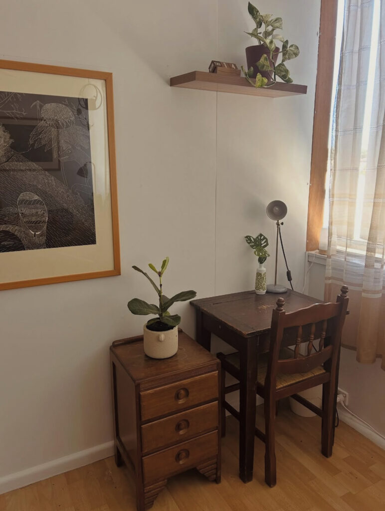 A small desk with green plants and a desk lamp, is placed in the corner of JC Counselling's office room.